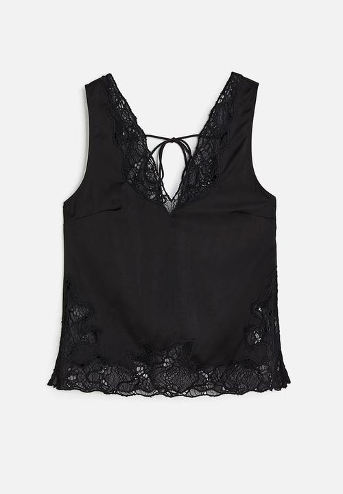 H&M - Lace-detail satin top - black