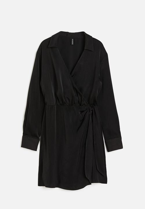 H&M - Satin wrap shirt dress - black