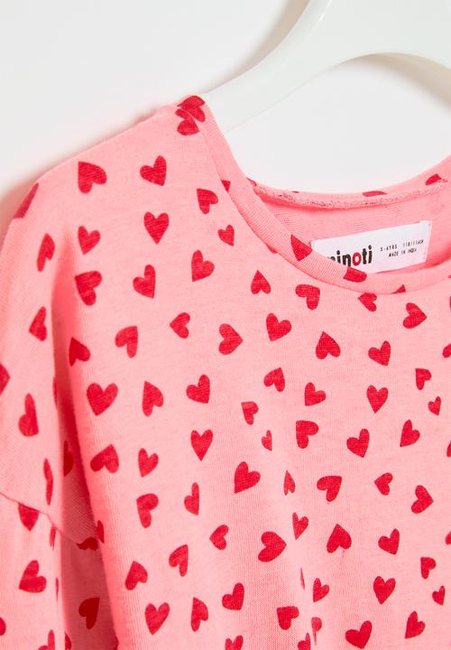 MINOTI - Girls basic aop hearts graphic knot long sleeve top - pink
