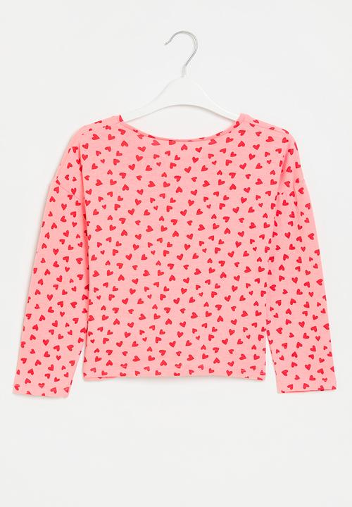 MINOTI - Girls basic aop hearts graphic knot long sleeve top - pink