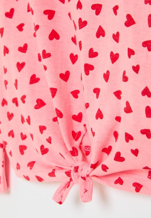 MINOTI - Girls basic aop hearts graphic knot long sleeve top - pink
