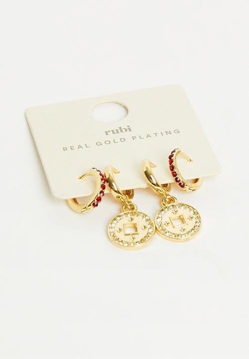 Rubi - 2pk mid earring - gold plated red dia medallion