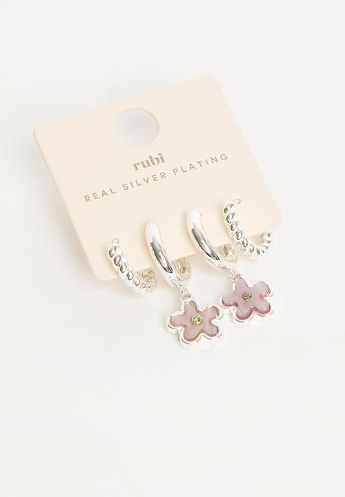 Rubi - 2pk mid earring - sterling silver plated purple retro flower