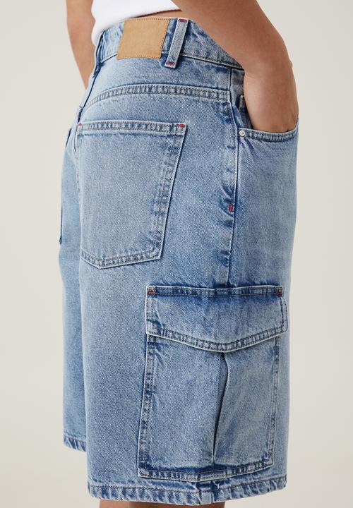 Cotton On - Super baggy cargo denim jort - bells blue