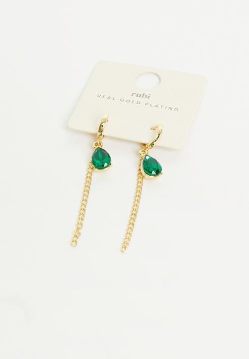 Rubi - Mid charm earring - gold plated emerald chain drop