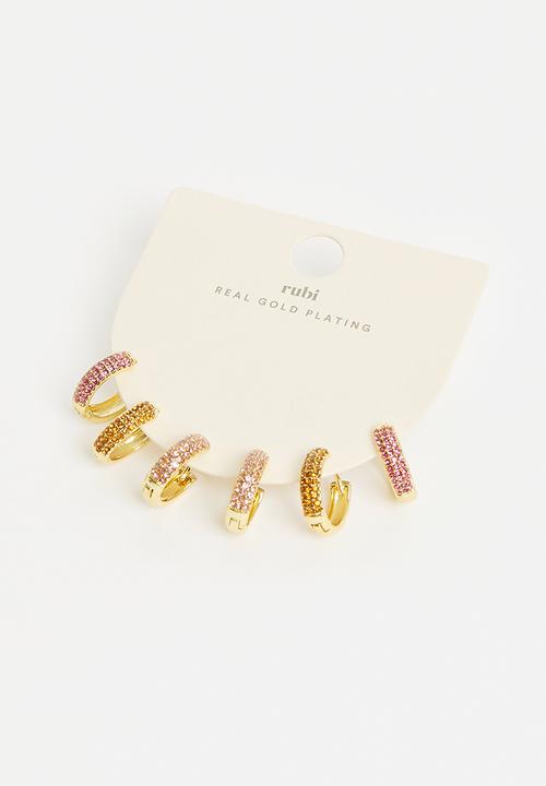 Rubi - 3Pk mid earring - gold plated dia hot pink pale pink orange