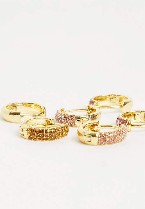 Rubi - 3Pk mid earring - gold plated dia hot pink pale pink orange