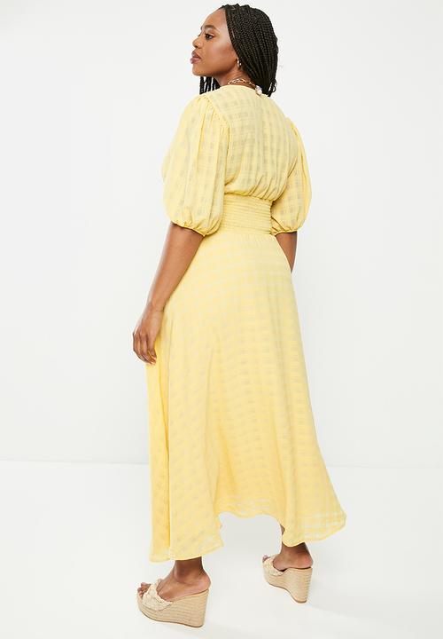 Me&B - Shirred waist & shoulder v neck dress - yellow sheer gingham
