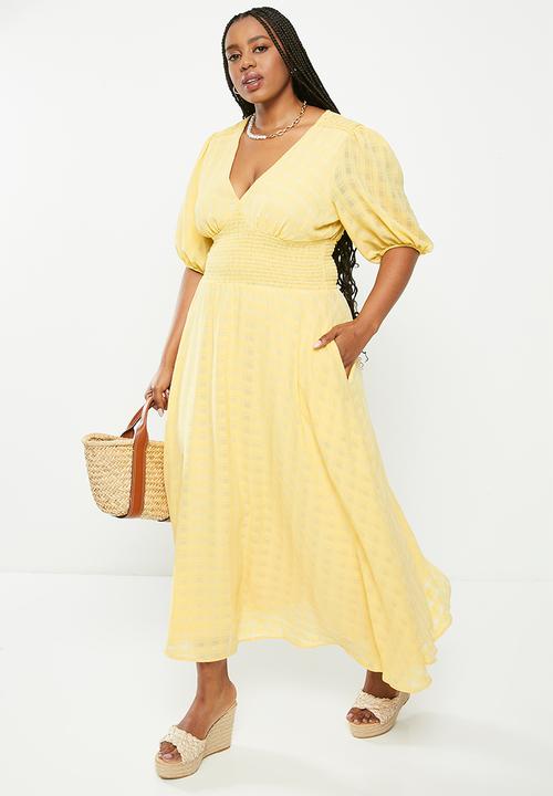Me&B - Shirred waist & shoulder v neck dress - yellow sheer gingham