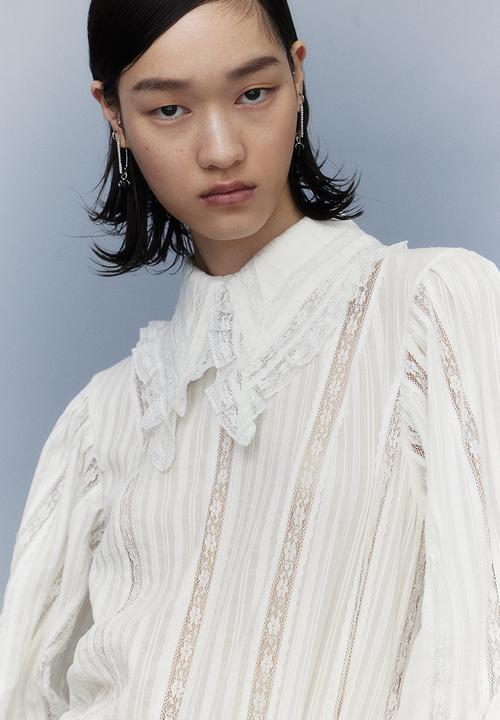 H&M - H&M Studio: Collared lace-inset blouse - white