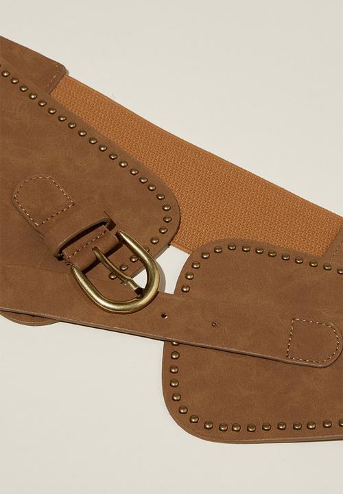 Rubi - Isla wide studded belt - tan nubuck/brushed gold