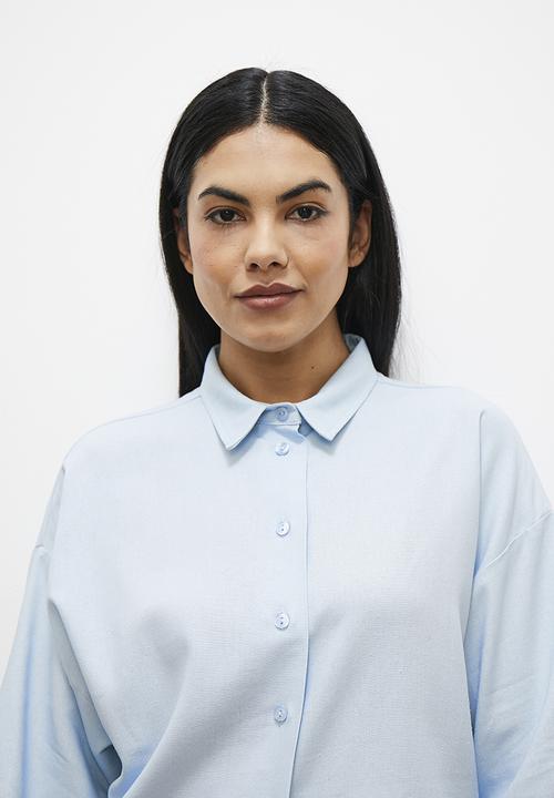 edit - Linen blend button down set - dream blue