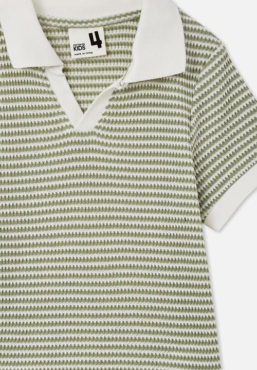 Cotton On - Winston waffle polo - deep sage/vanilla stripe