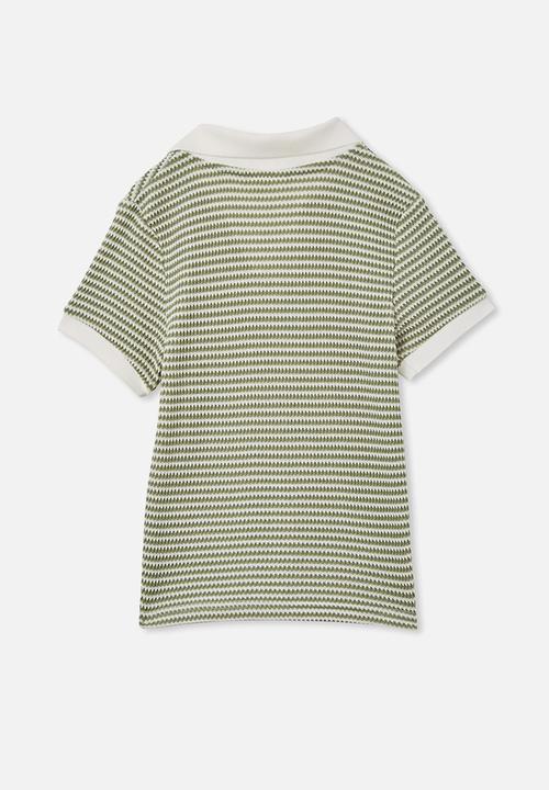 Cotton On - Winston waffle polo - deep sage/vanilla stripe