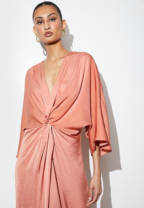 VELVET - satin kaftan dress with knot detail - rust