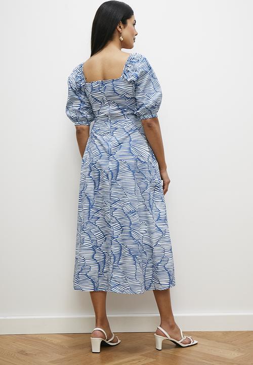 edit - Square neck fit and flare midi dress - blue abstract