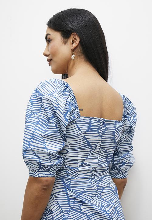 edit - Square neck fit and flare midi dress - blue abstract