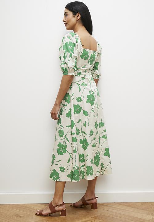 edit - Square neck fit and flare midi dress - green floral