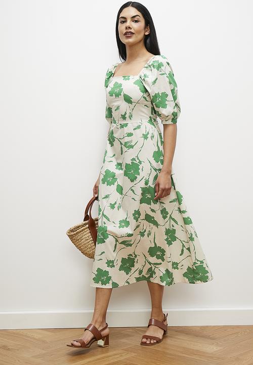 edit - Square neck fit and flare midi dress - green floral