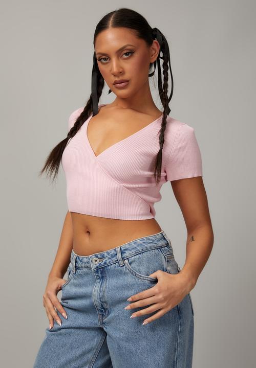 Factorie - Short sleeve knit wrap top - soft pink