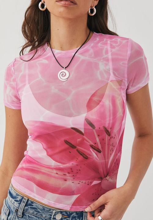 Supré  - Mesh graphic t shirt - floss pink & tigerlily