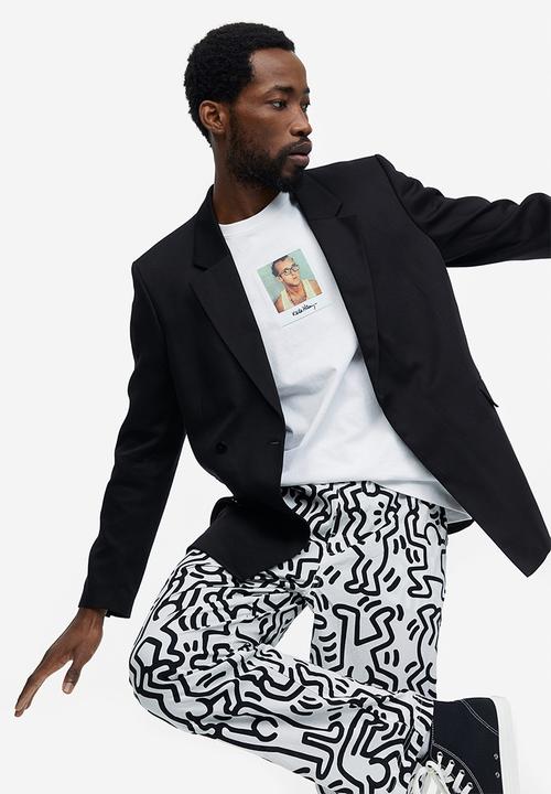 H&M - Relaxed fit patterned cotton trousers - white & black