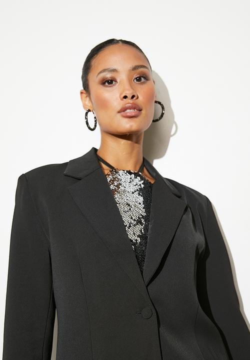 VELVET - Co-ord feather trim blazer - black