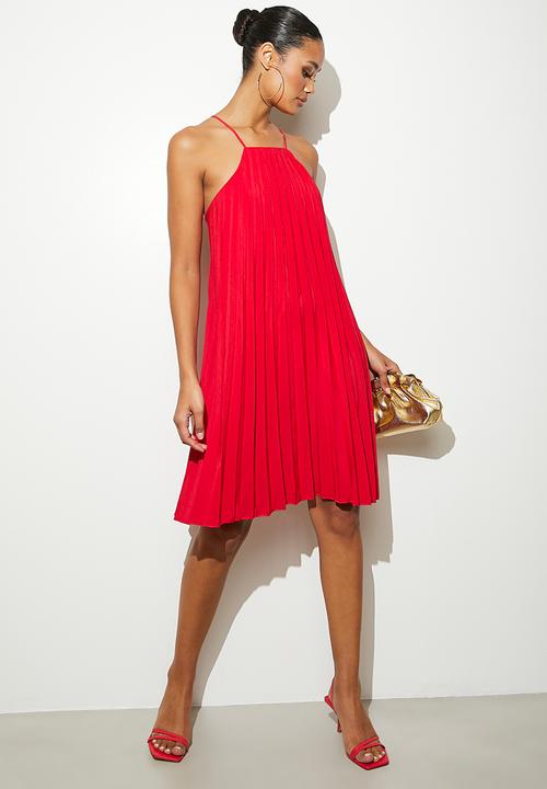 VELVET - Mini pleated trapeze dress - red