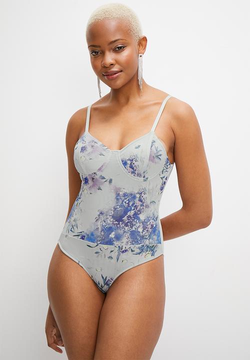 MILLA - Mesh printed bodysuit - blue floral