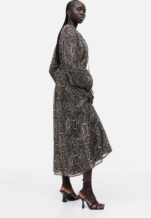 H&M - Tie-detail lyocell-blend dress - dark brown/snakeskin-patterned
