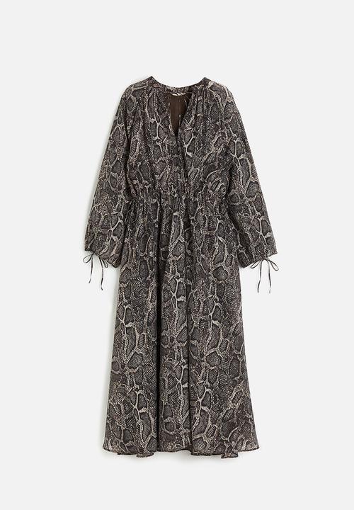 H&M - Tie-detail lyocell-blend dress - dark brown/snakeskin-patterned