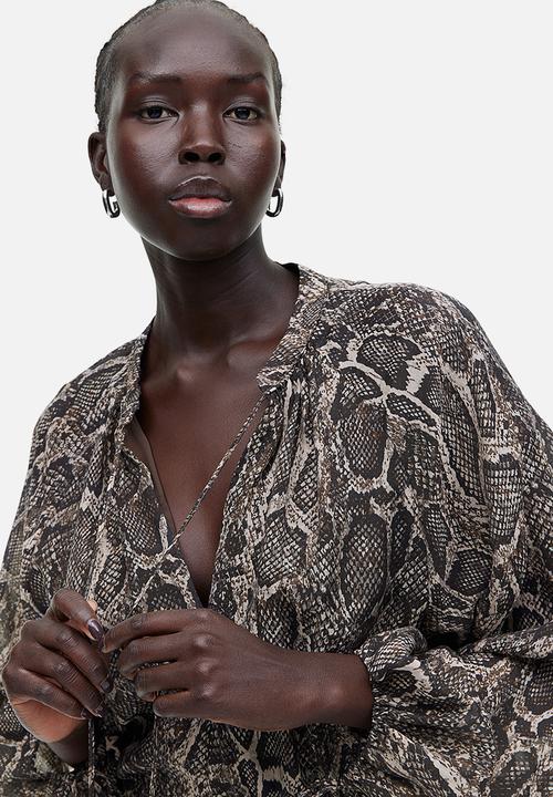 H&M - Tie-detail lyocell-blend dress - dark brown/snakeskin-patterned
