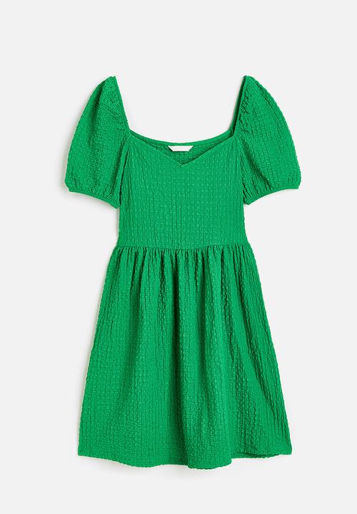 H&M - Puff-sleeved textured jersey dress - green