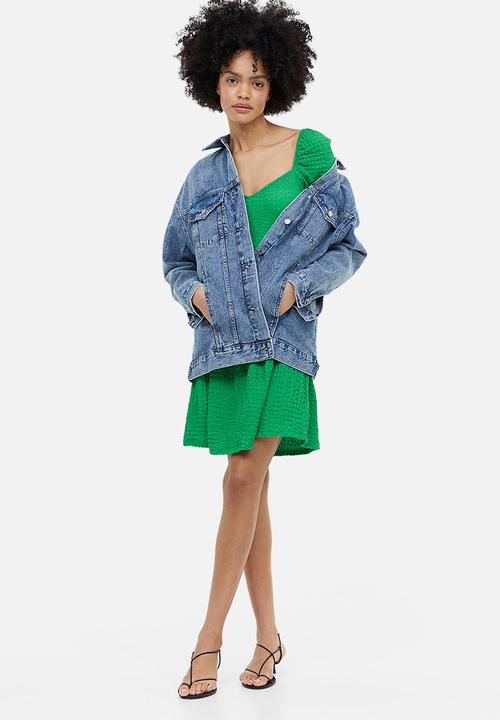 H&M - Puff-sleeved textured jersey dress - green