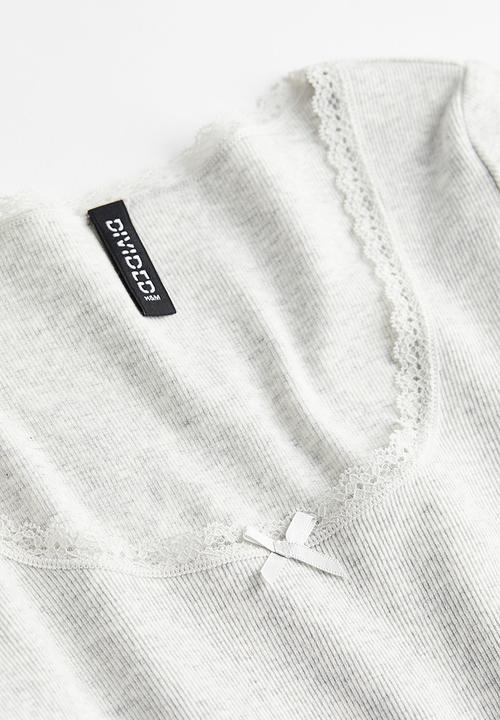 H&M - Lace-trimmed cotton top - light grey marl 