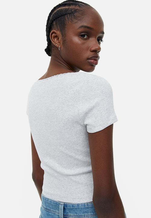 H&M - Lace-trimmed cotton top - light grey marl 
