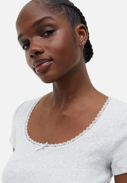 H&M - Lace-trimmed cotton top - light grey marl 