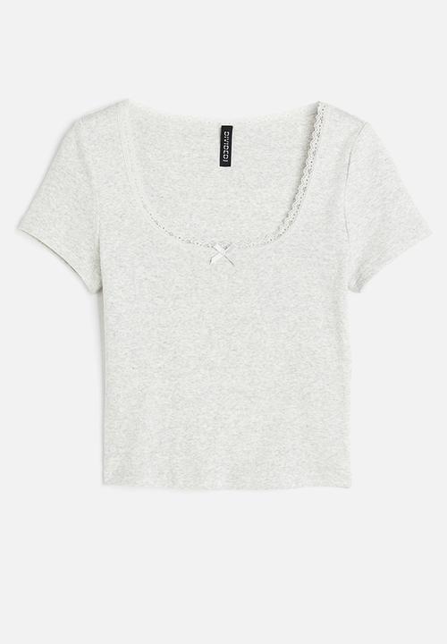 H&M - Lace-trimmed cotton top - light grey marl 