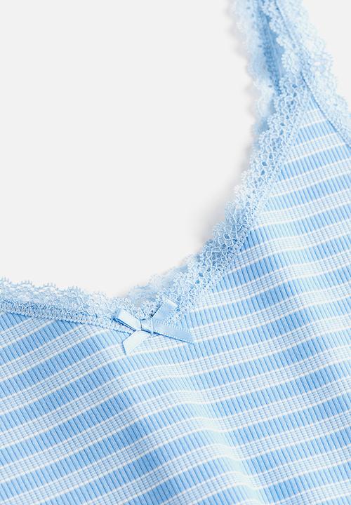 H&M - Lace-trimmed ribbed vest top - light blue striped 