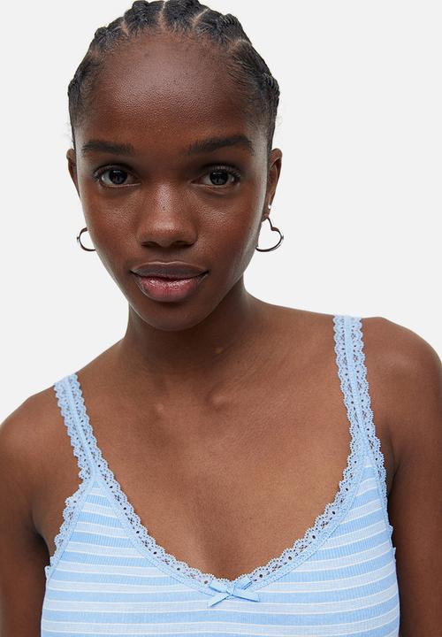 H&M - Lace-trimmed ribbed vest top - light blue striped 