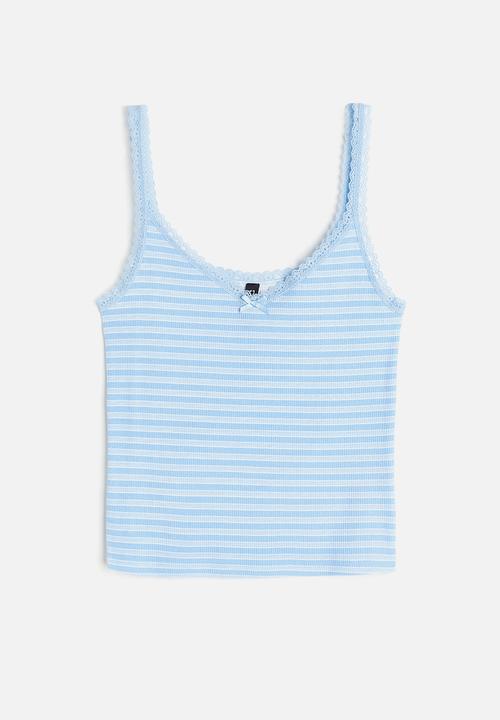 H&M - Lace-trimmed ribbed vest top - light blue striped 