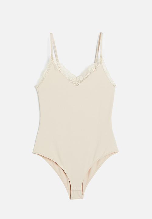 H&M - Lace-trimmed jersey body - light beige
