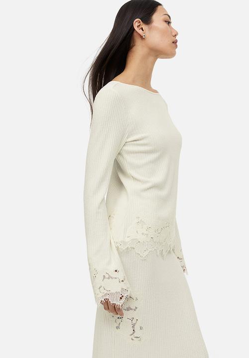 H&M - Lace-trimmed ribbed top - cream 