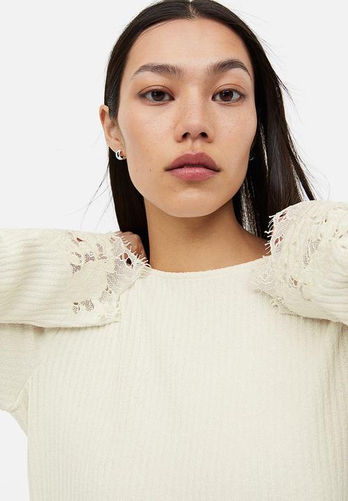 H&M - Lace-trimmed ribbed top - cream 