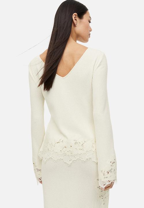 H&M - Lace-trimmed ribbed top - cream 