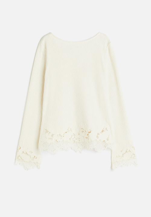 H&M - Lace-trimmed ribbed top - cream 