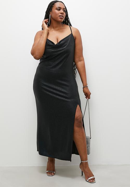 VELVET - Metallic maxi with slit detail - black
