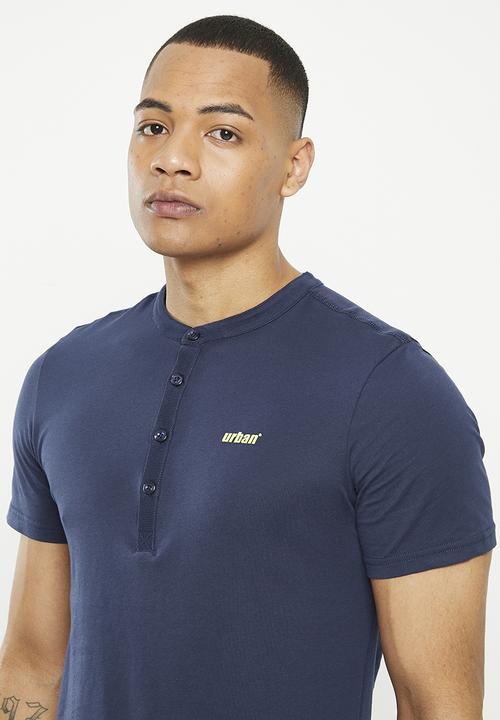 urban° - Mens Urban fashion henley hd print tee - black iris