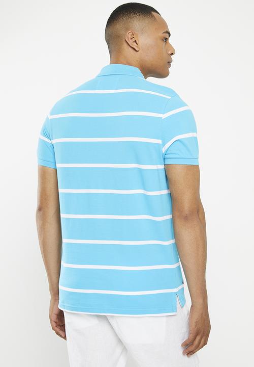 Aca Joe - Mens Aca Joe Yarn Dyed Stripe Pique Emb  Golfer - Bachelor Button/White