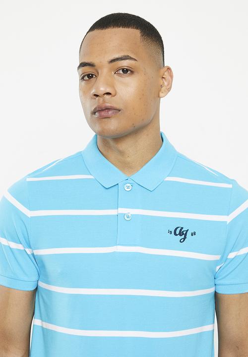 Aca Joe - Mens Aca Joe Yarn Dyed Stripe Pique Emb  Golfer - Bachelor Button/White